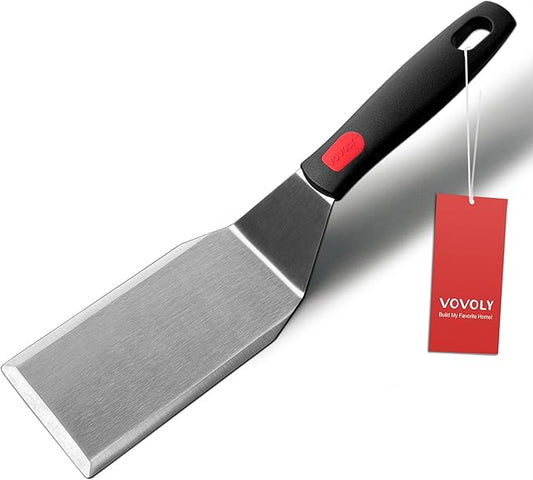 Professional Metal Spatula for Cast Iron Skillets and Flat Top Grills, Full Tang Silicone Handle,Thickened Stainless Steel Blade, Smash Burger Spatula Turner for Flipper, Cooking, BBQ, 5 x 2.75 Inch by VOVOLY