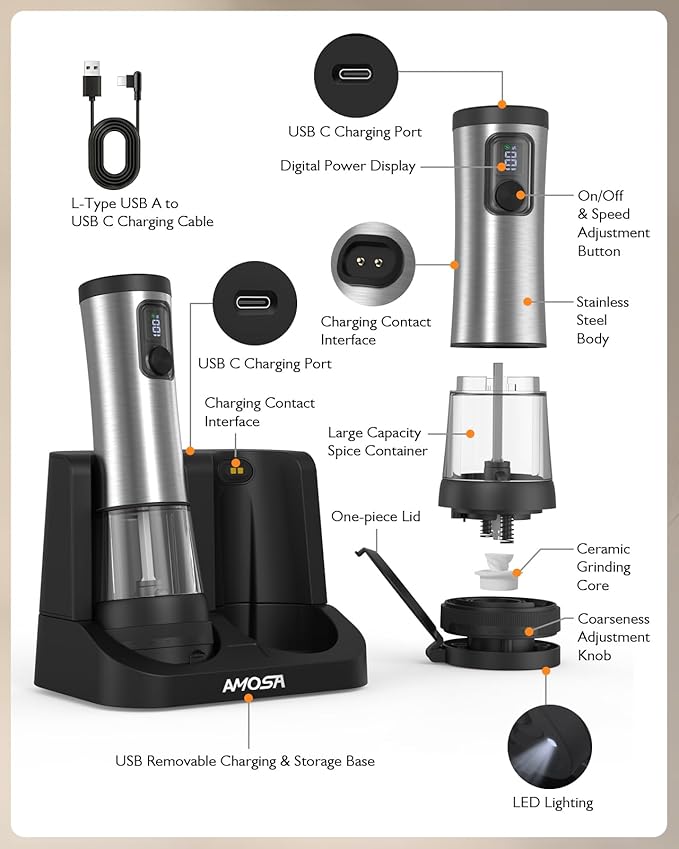 Electric Salt and Pepper Grinder Set, Upgraded 2-Speed Setting, External 5 Adjustable Coarseness, Battery Display Rechargeable Base, Stainless Steel Automatic Salt & Pepper Shakers Mill with LED Light - Image 7