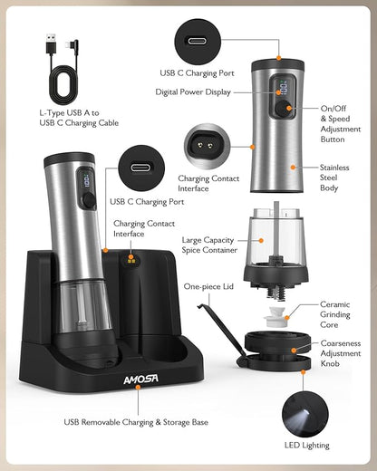 Electric Salt and Pepper Grinder Set, Upgraded 2-Speed Setting, External 5 Adjustable Coarseness, Battery Display Rechargeable Base, Stainless Steel Automatic Salt & Pepper Shakers Mill with LED Light - Image 7