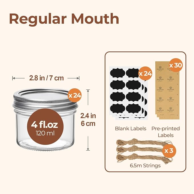 ComSaf Small Regular Mouth Mason Jars Bulk 4oz 24PCS Mini Mason Containers, Small Canning Jars, 4 oz Glass Jar with Lids for Mustards, Dipping Sauces, Jelly, DIY Candle Decor, Wedding Shower Favors - Image 2