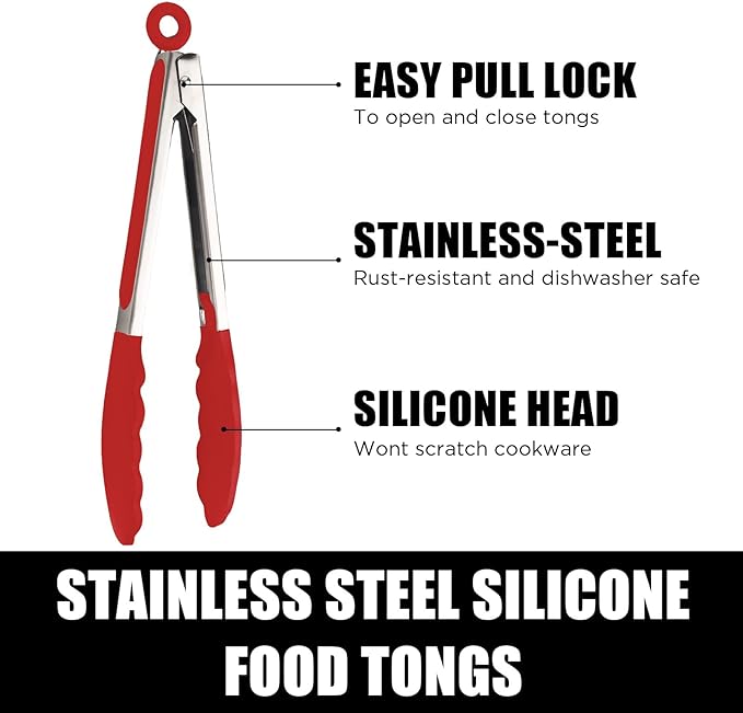 Kitchen Tongs with Silicone Tips, Kitchen Tongs, Cooking Tongs, Premium Stainless Steel Locking Cooking Tongs, Non-Slip Food Tongs for Cooking, Heavy Duty, Non-Stick, 480℉, Set of 3-7"/9"/12" Red - Image 2