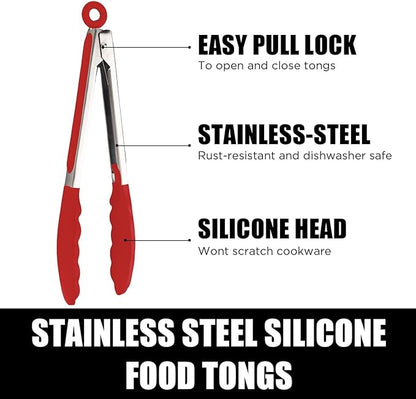 Kitchen Tongs with Silicone Tips, Kitchen Tongs, Cooking Tongs, Premium Stainless Steel Locking Cooking Tongs, Non-Slip Food Tongs for Cooking, Heavy Duty, Non-Stick, 480℉, Set of 3-7"/9"/12" Red - Image 2
