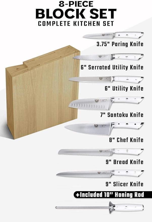 Dalstrong Knife Set Block - 8 Piece - Gladiator Series - German High Carbon Steel Kitchen Set - Premium Food-Grade White ABS Polymer Handles - NSF Certified - Image 3
