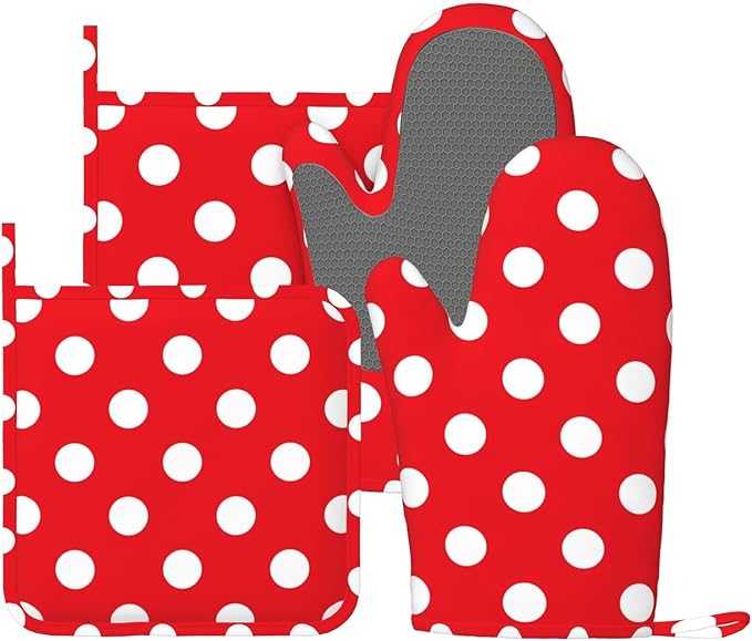 Red and White Polka Dot Oven Mitts and Pot Holders Sets of 4, Heat Resistant Silicone Oven Mittens and Potholders Gloves Hot Pads for Kitchen Cooking Baking Grilling BBQ Chef by Echoserein