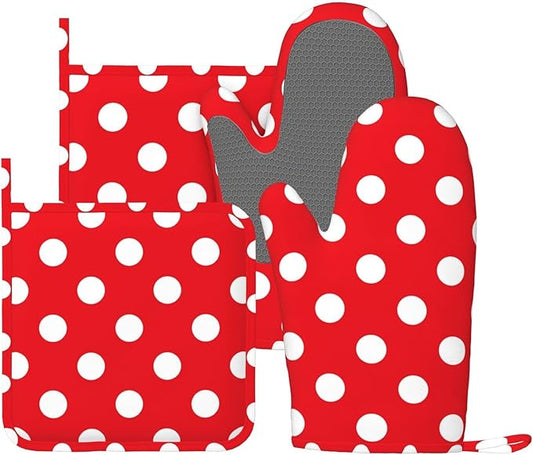 Red and White Polka Dot Oven Mitts and Pot Holders Sets of 4, Heat Resistant Silicone Oven Mittens and Potholders Gloves Hot Pads for Kitchen Cooking Baking Grilling BBQ Chef by Echoserein