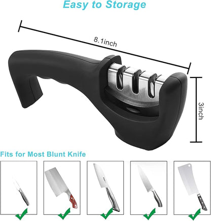 Elite Kitchen Knife Sharpener with 3 Stages, Professional Manual Blade Sharpening System, Ceramic Stone, Tungsten Carbide Plates, Diamond rods, Ergonomic Handle, Non-Slip Base,Stylish Black - Image 5