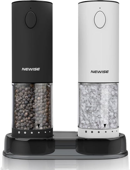 Electric Salt and Pepper Grinder Set, Adjustable Coarseness & LED Light, Rechargeable Large Capacity Stainless Steel Mill, Kitchen Appliances for Women Mom- Black/White