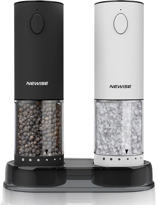 Electric Salt and Pepper Grinder Set, Adjustable Coarseness & LED Light, Rechargeable Large Capacity Stainless Steel Mill, Kitchen Appliances for Women Mom- Black/White