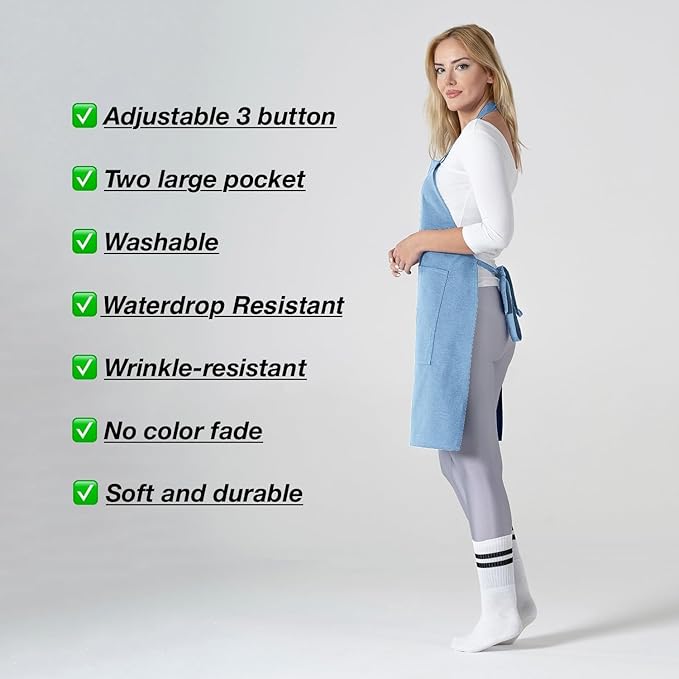 TOSHE Kitchen Apron Waterdrop Resistant Cotton Apron with adjustable Aprons for Women with Pockets 10 Color option Cooking Apron Light Blue (Light Blue) - Image 7