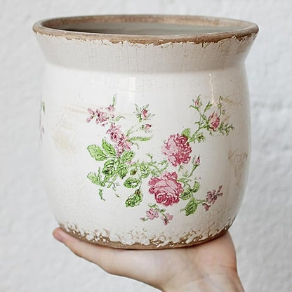 Xiaan Jiaju Cottage Ceramic Pots for Plants, 6.21 Inch Vintage Shabby Chic Planters for Indoor Plants, French Country Spring Balcony & House Decor, Pink Floral Vases for Centerpieces, Gardening Gifts