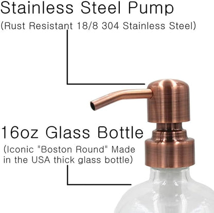 2 Pack Thick Clear Glass Pint Jar Soap Dispenser with Copper Stainless Steel Pump, 16ounce Clear Boston Round Bottles Dispenser with Rustproof Pump for Essential Oil, Lotions Soap