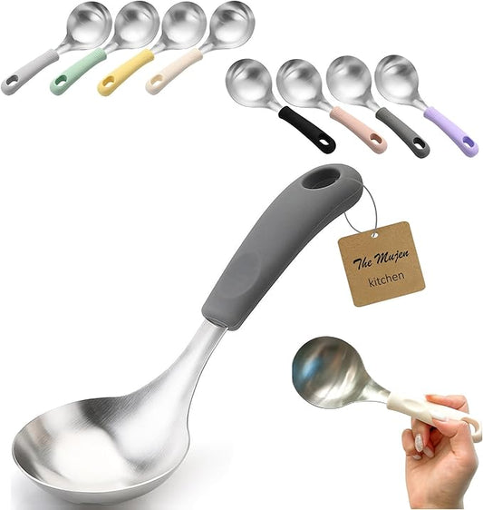 Korean Mukbang Spoon, Serving Spoon, Multipurpose Stainless Steel Ladle Silicone handle Serving Cooking Ladle 먹방 스푼,미니 국자, 서빙스푼 전현무 국자 (Gray)
