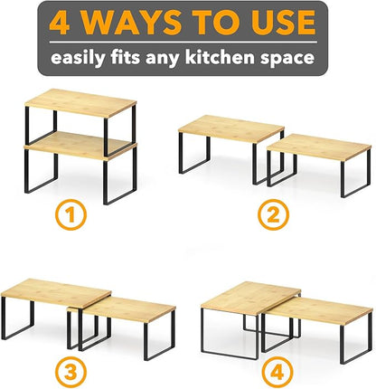 SpaceAid Cabinet Shelf Organizers 2 Pack, Kitchen Counter Rack Shelves Riser, Stackable Expandable Spice Rack, Pantry Cupboard Storage Organization (Black and Natural, Short) - Image 6