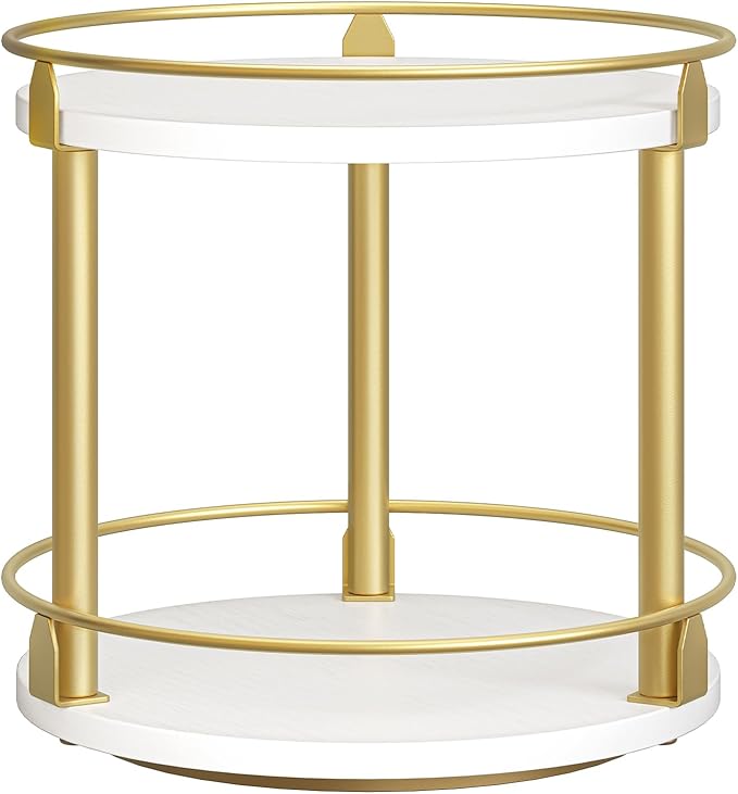 YATINEY Lazy Susan Organizer, Rotating Spice Rack, 2 Tier Spice Turntable Organizer, Industrial Turntable Spice Holder, for Kitchen Countertop and Cabinet, Compact and Versatile, White and Gold SR22DW by Yatiney