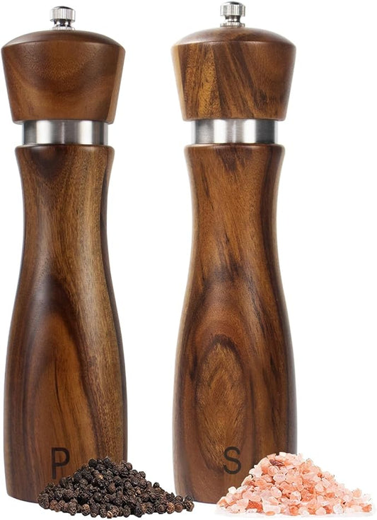 Haomacro 2 Pack Wood Salt and Pepper Grinder Set, Acacia Wood Salt and Pepper Grinder Mill Pepper Grinder Ceramic Stainless Steel Core-8 Inch by Haomacro