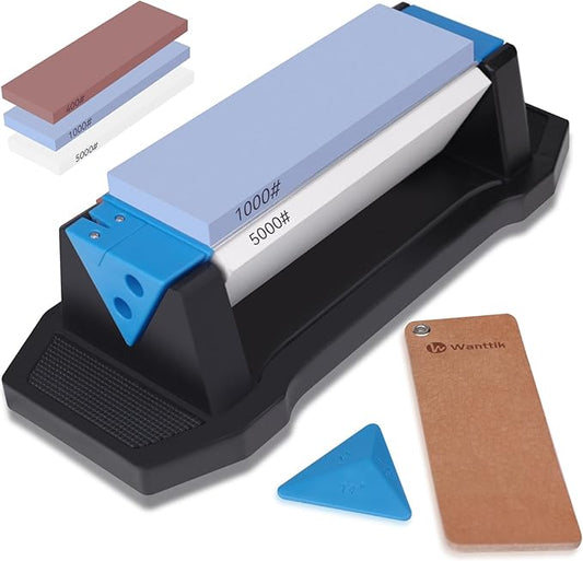 Knife Sharpening Stone,tri stone knife sharpener,3 Sides Grit 400/1000/5000,Whetstone Knife Sharpener with Non-Slip Base, Angle Guide & Leather Strop, for Kitchen Knives and Pocket Knives by WANTTIK