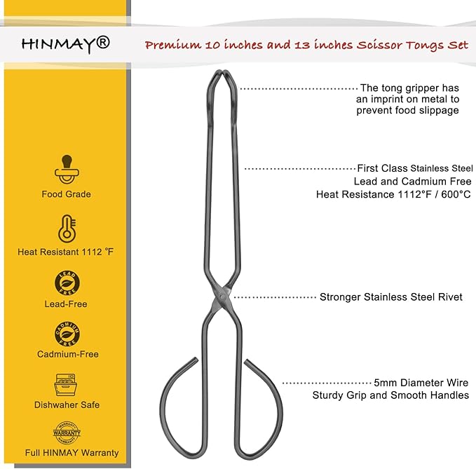 HINMAY 10" 13" Stainless Steel Kitchen Tongs, Heavy Duty Non-Slip Comfortable Grip Metal Scissor Tongs for Cooking, Grilling & Serving, Set of 2