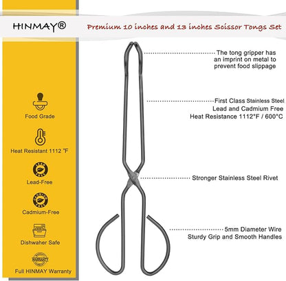 HINMAY 10" 13" Stainless Steel Kitchen Tongs, Heavy Duty Non-Slip Comfortable Grip Metal Scissor Tongs for Cooking, Grilling & Serving, Set of 2
