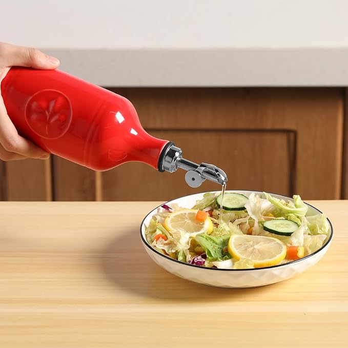 Sweejar 16 Oz Ceramic Olive Oil Dispenser Bottle, Oil Dispenser for Kitchen with Gravity Spout, Relief Opaque Oil Container for Evoo, Avocado Oil, Vinegar, Soy Sauce, 1 Pack(Red, Silver Spout) - Image 4