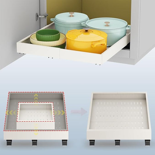 Pull out Cabinet Organizer,Expandable Width(15"-21"),Depth(17"-24") with 3 Rails,Roll out Drawers,No Drill Adjustable Slide out Shelves for Kitchen,Pantry,for Both Lip and Lip-Free Cabinets,White(1PC) by Fokyfok