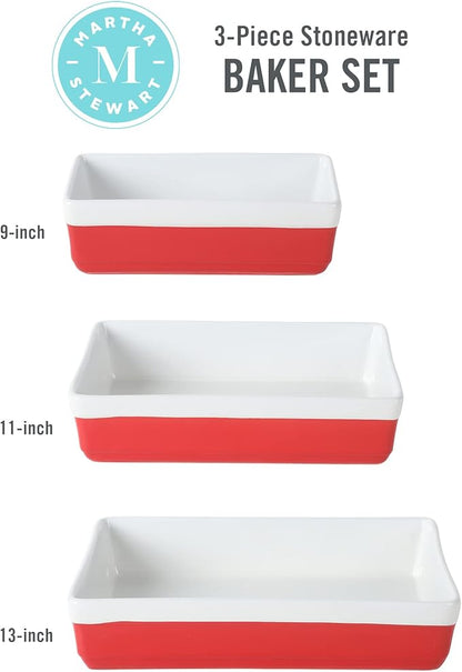 MARTHA STEWART 3-Piece Oven to Table Stoneware Bakeware Set – Baking Dish & Casserole Set – Red – Durable Oven-Safe Bakeware for Baking and Serving - Image 3
