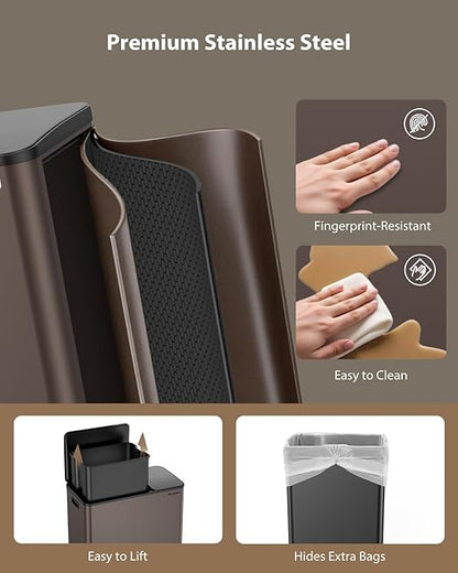 Dual Trash and Recycling Bins for Kitchen, 13.2 + 5.2 Gal (50+20L) Stainless Steel Trash and Recycle Bin Combo with Soft-Close Lid, Large Garbage Cans for Kitchen Home with 2 Magnets Sticker, Brown