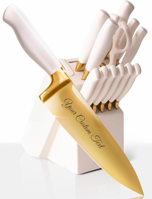Personalized Gold Knife Set with Self-Sharpening Block – Make It Uniquely Yours with Custom Engraving on Luxurious White and Gold Knives – Personalized Gift for Weddings, Birthdays, Anniversaries
