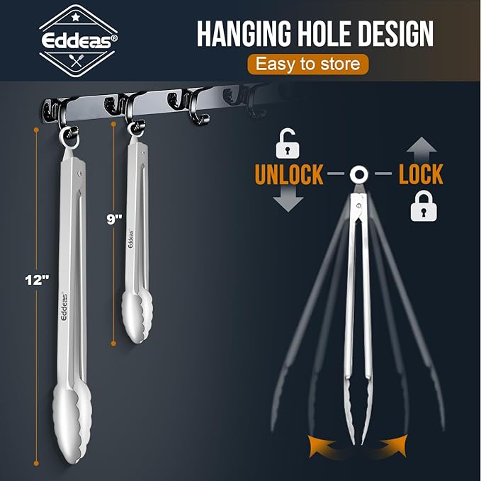 Eddeas All Metal Tongs For Cooking - Heat Resistant 600 Degrees Stainless Steel Kitchen Tongs, Set of 2-9" & 12 inch, Locking Tongs, For Food,Salad, BBQ, Grilling, Dishwasher safe - Image 7