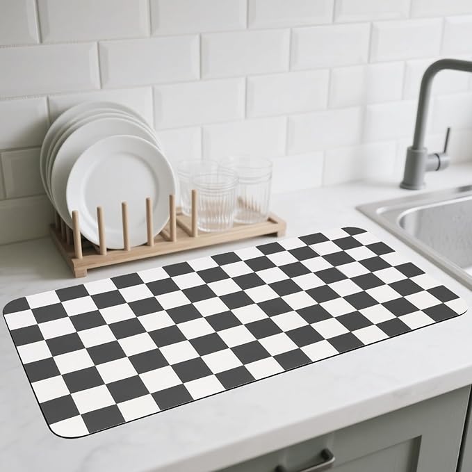 CooRug Checkered Dish Drying Mat for Kitchen Counter, Absorbent Non-Slip Coffee Mat, Heat Resistant Mat for Countertops Coffee Bar Decor 17" x 32" Black by CooRug