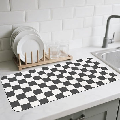 CooRug Checkered Dish Drying Mat for Kitchen Counter, Absorbent Non-Slip Coffee Mat, Heat Resistant Mat for Countertops Coffee Bar Decor 17" x 32" Black by CooRug