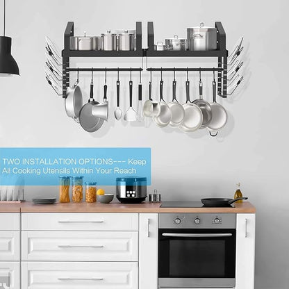 X-cosrack Pot Racks Wall Mounted Set of 2,with Towel Bar and Pots Pans Lids Organizer, Kitchen Cookware Hanging Shelves with 12 Hooks, Black - Image 6