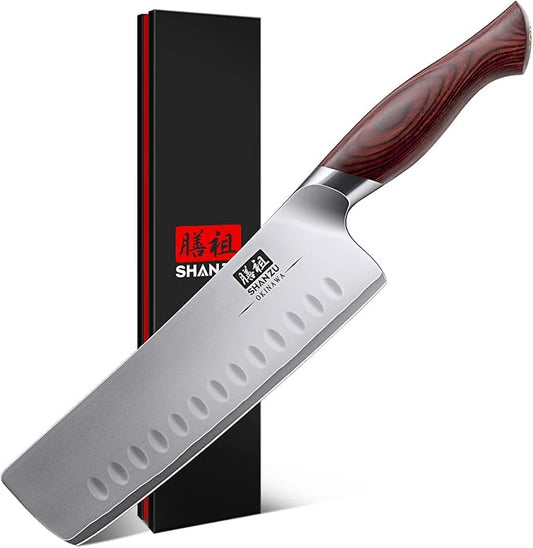 SHAN ZU 7 Inch Nakiri Knife, Japanese 10Cr15MoV High Carbon Stainless Steel Chopping Chef Knife, Professional Sharp Multipurpose Asian Kitchen Vegetable Cleaver Knife with Ergonomic Pakkawood Handle by SHANZU