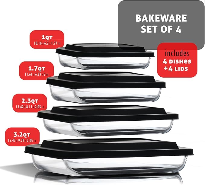 EATEX 8-Piece Deep Glass Casserole Dishes for Oven with Plastic Lids, Glass Baking Dishes for Oven, Rectangular Bakeware for Lasagna, Cooking, Leftovers, Kitchen, Freezer to Oven Dishwasher Safe - Image 9