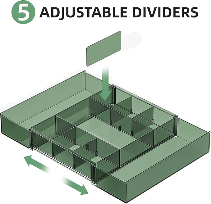Marbrasse Expandable Desk Drawer Organizer, Clear Plastic Drawer Organizer Tray with 10 Adjustable Compartments, Desk Organizers and Accessories, 5 Drawer Dividers for Office Supplies(Clear Green) - Image 3