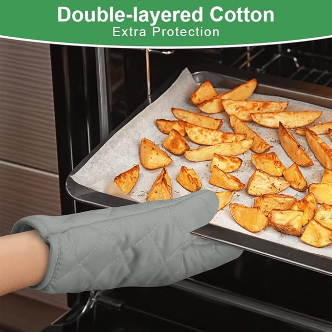 AUAUY Grey Oven Mitts, 1 Pair Kitchen Mittens, 392F Heat Resistant Non-Slip Gloves for Oven, BBQ, Grilling, Cooking, Baking - Infill Cotton - Image 3