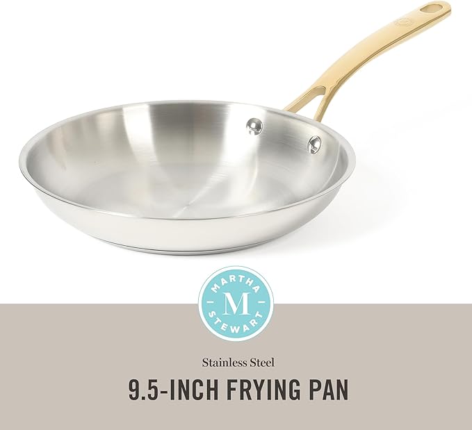 Martha Stewart Castelle 9.5-Inch Stainless Steel Frying Pan with Gold-Tone Handle – Tri-Ply Encapsulated Bottom, Oven Safe & Induction Safe Skillet for Searing and Sautéing - Image 2