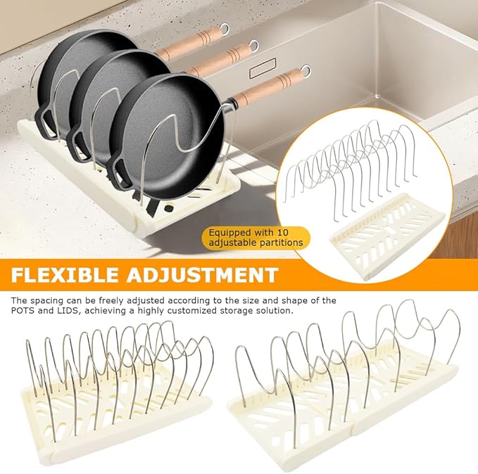 Expandable Pot and Pan Organizer Rack for Kitchen Cabinet or Under Sink,with 10 Adjustable Compartment 13"-23" Adjustable Length for Lids Bakeware Frying Rack and Cookware(COLOR:White)
