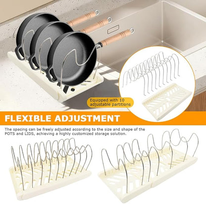 Expandable Pot and Pan Organizer Rack for Kitchen Cabinet or Under Sink,with 10 Adjustable Compartment 13"-23" Adjustable Length for Lids Bakeware Frying Rack and Cookware(COLOR:White)