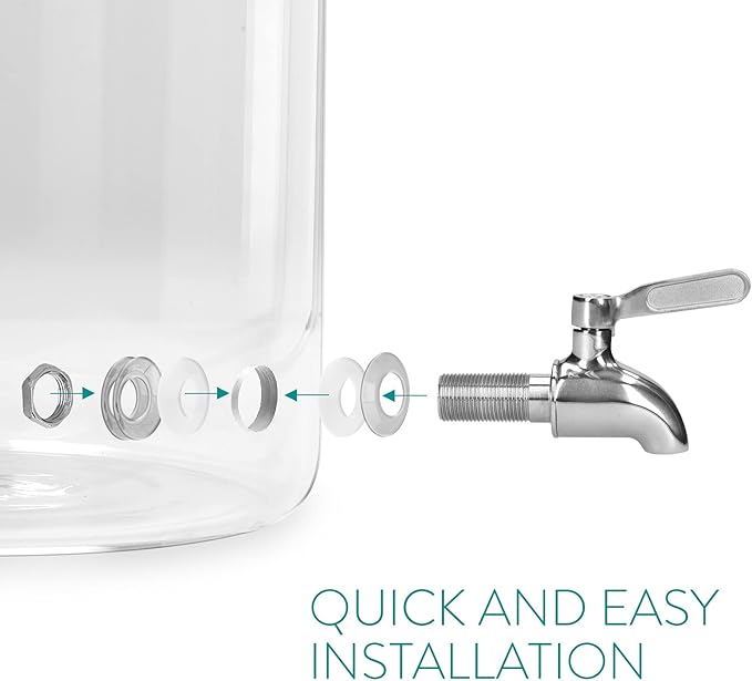 Navaris Beverage Dispenser with Stand - 1.3 Gallon (5L) Glass Drink Dispenser with Spigot, Lid, Wood Stand for Hot or Cold Drinks, Ice Water, Parties