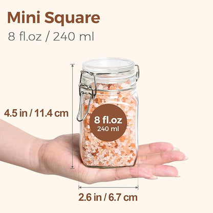 ComSaf Set of 6 Square Glass Jars with Airtight Lids (8 Oz), Pantry Canisters for Spices, Jams, & Herbs, Wire Clamp Jar for Overnight Oats, Pickling, Favors, Includes Labels & Funnel - Image 2