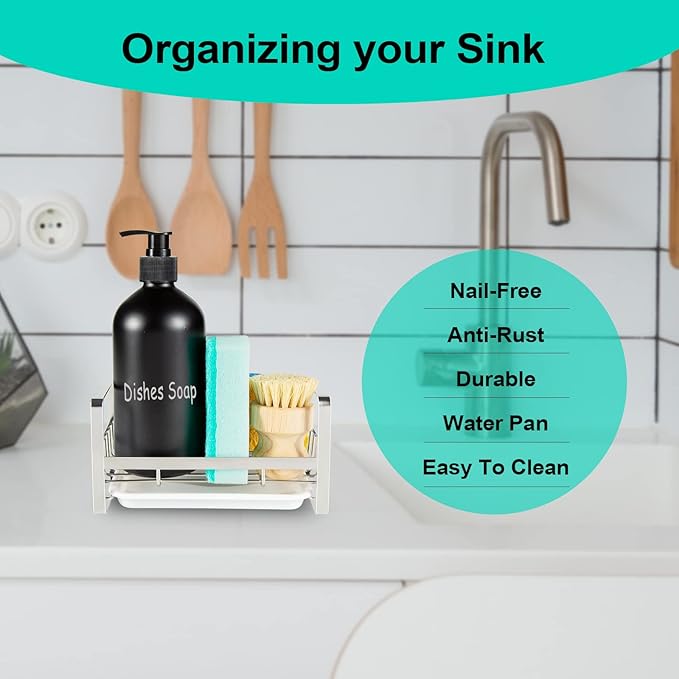 TEZZ Sponge Holder for Kitchen Sink, Stainless Steel Kitchen Storage Sink Caddy for Organizing Sponge, Brush & Dish Soap Dispenser, Sink Organizer Rack with Adhesive or Counter top, Silver - Image 2