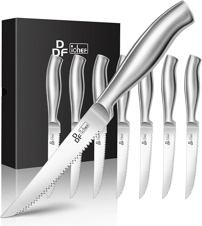 DDF iohEF Steak Knife Set, 8 Piece Steak Knife, High Carbon Japanese Stainless Steel Serrated Steak Knives by DDFiohEF