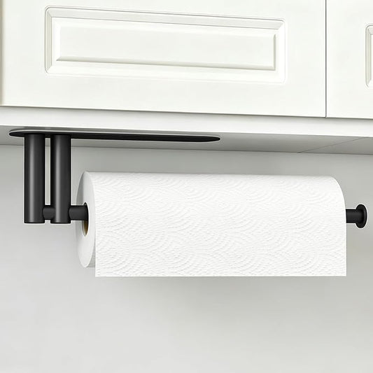 Paper Towel Holder Under Cabinet, Upgraded Dual-Rod Adhesive Paper Towel Holder with Longer Base, Stainless Steel Wall Mounted Holder for Kitchen Towels, No Drill, Black by STWWO