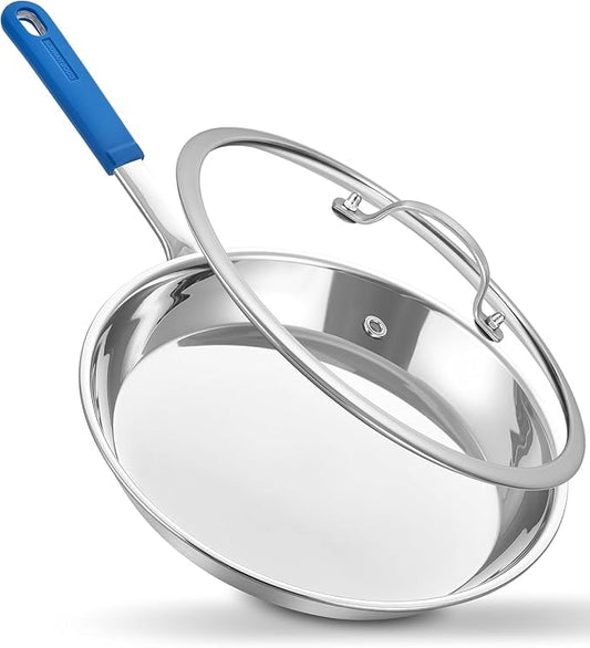LOLIKITCH 12 In Stainless Steel Skillet - Professional Induction Fry Pan, Oven Safe 600°F, Tri-Ply Stainless Steel Clad, Dishwasher Safe, Detachable Handle, PFOA Free, Commercial Restaurant Grade