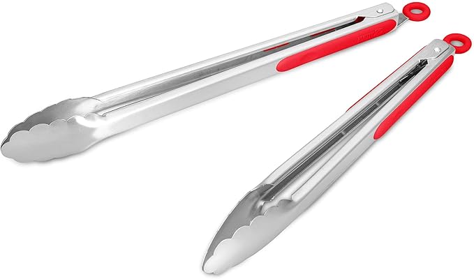 304 Stainless Steel Kitchen Cooking Tongs, 12" and 14" Set of 2 Sturdy Grilling Barbeque Brushed Locking Food Tongs with Ergonomic Grip, Red by ALLWIN-HOUSEWARE