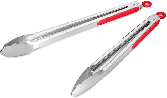 304 Stainless Steel Kitchen Cooking Tongs, 12" and 14" Set of 2 Sturdy Grilling Barbeque Brushed Locking Food Tongs with Ergonomic Grip, Red by ALLWIN-HOUSEWARE