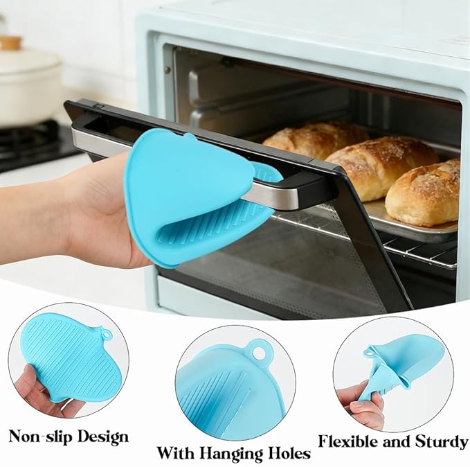 4 PCS Silicone Oven Mitts Heat Resistant Mini Oven Gloves for Kitchen Rubber Air Fryer Mitts Oven Accessories Finger Cooking Pinch Mitts Pot Holders for Kitchen Cooking Baking Dishwasher, Blue & Green - Image 4