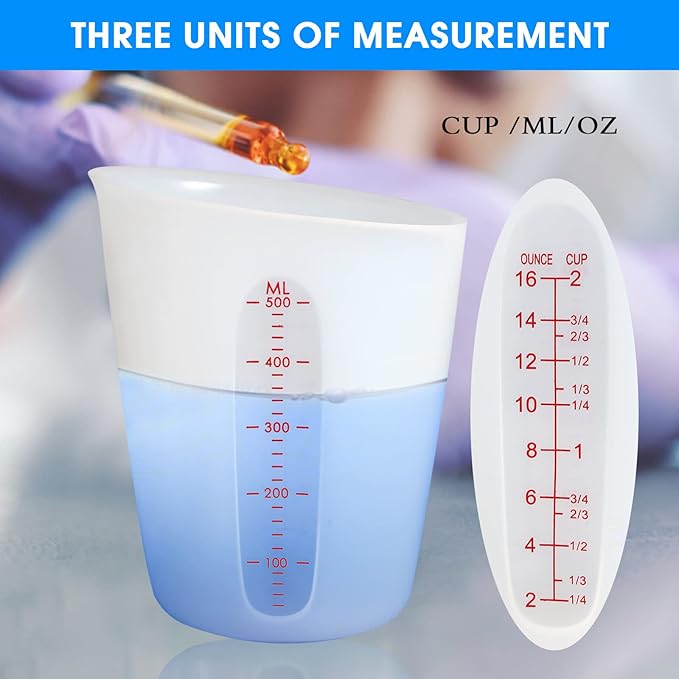 ZUYEE Silicone Measuring Cups (2 Cup + 1 Cup) Flexible Measure Melting Cups for Epoxy Resin Butter, Chocolate Squeeze Pour Baking Cup Dishwasher Safe BPA Free 500/250 ML with Marking Cup/Ounce - Image 6