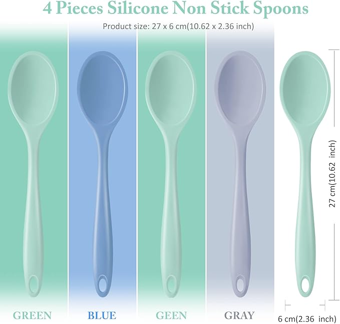 Shappy 4 Pieces Silicone Cooking Spoons 10.6 Inch Heat Resistant Kitchen Spoons for Mixing, Serving and Stirring Upgrade Large Non Stick Basting Utensils, Dishwasher Safe(Spoon,Fresh Color) - Image 2