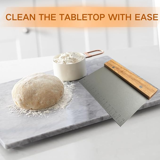 Basic Multi-Purpose Stainless Steel Scraper/Pizza Cutter/Spice Cutter/Premium Bread Knife/Dough Scoring Knife/Baking Accessories/Wooden Handle Contour Handle, 6 Inch, Natural Wood Color